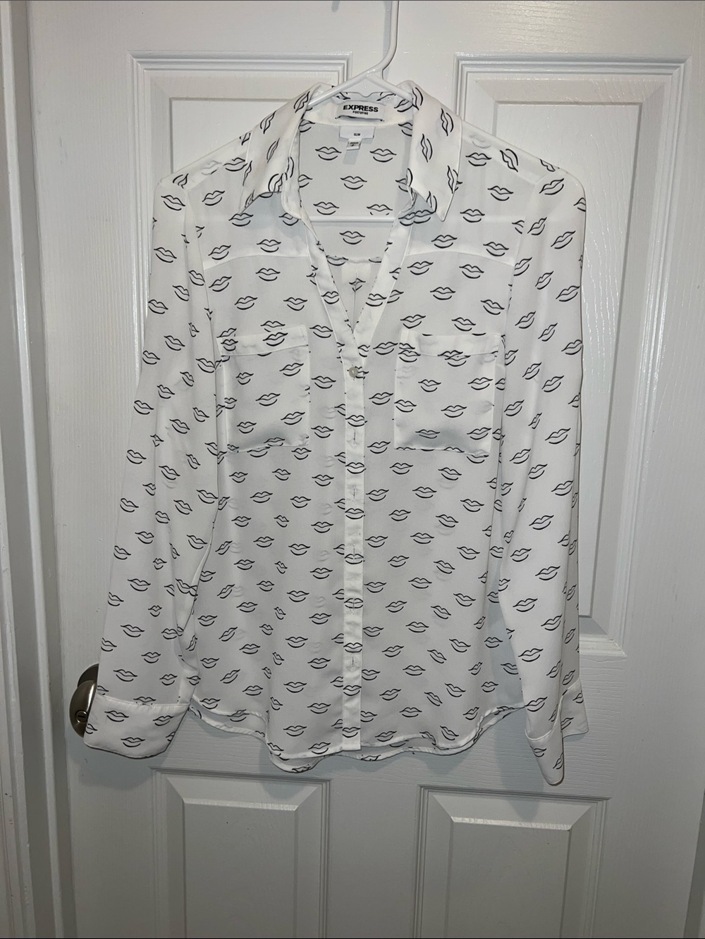 Express White Blouse with Navy Lip Motif